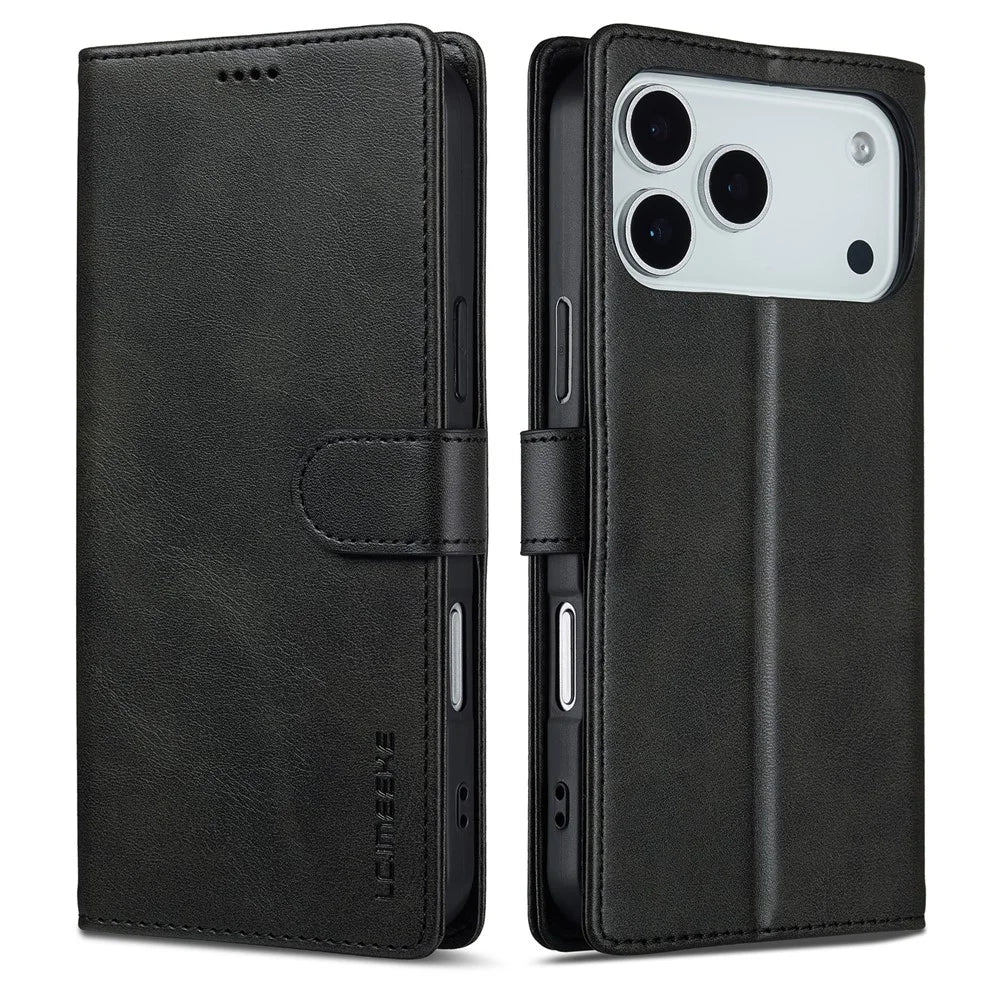LC.IMEEKE For iPhone 18 Pro Max / 17 Pro Max Case Calf Texture PU Leather Stand Wallet Phone Cover - Black - 1