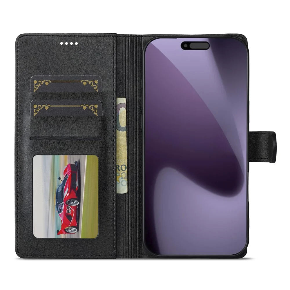 LC.IMEEKE For iPhone 18 Pro Max / 17 Pro Max Case Calf Texture PU Leather Stand Wallet Phone Cover - Black - 2