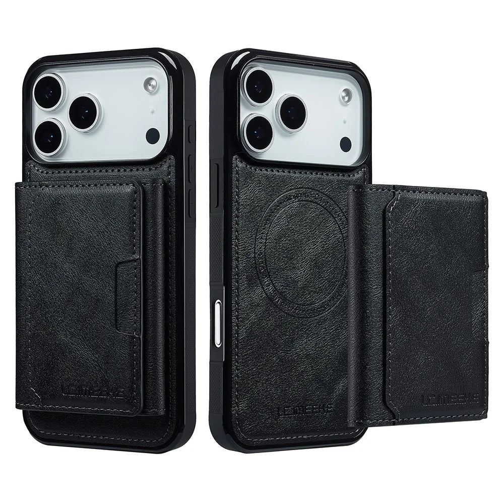 LC.IMEEKE L5 For iPhone 18 Pro / 17 Pro Magnetic Phone Case Leather Back Cover with Detachable Card Holder - Black - 1