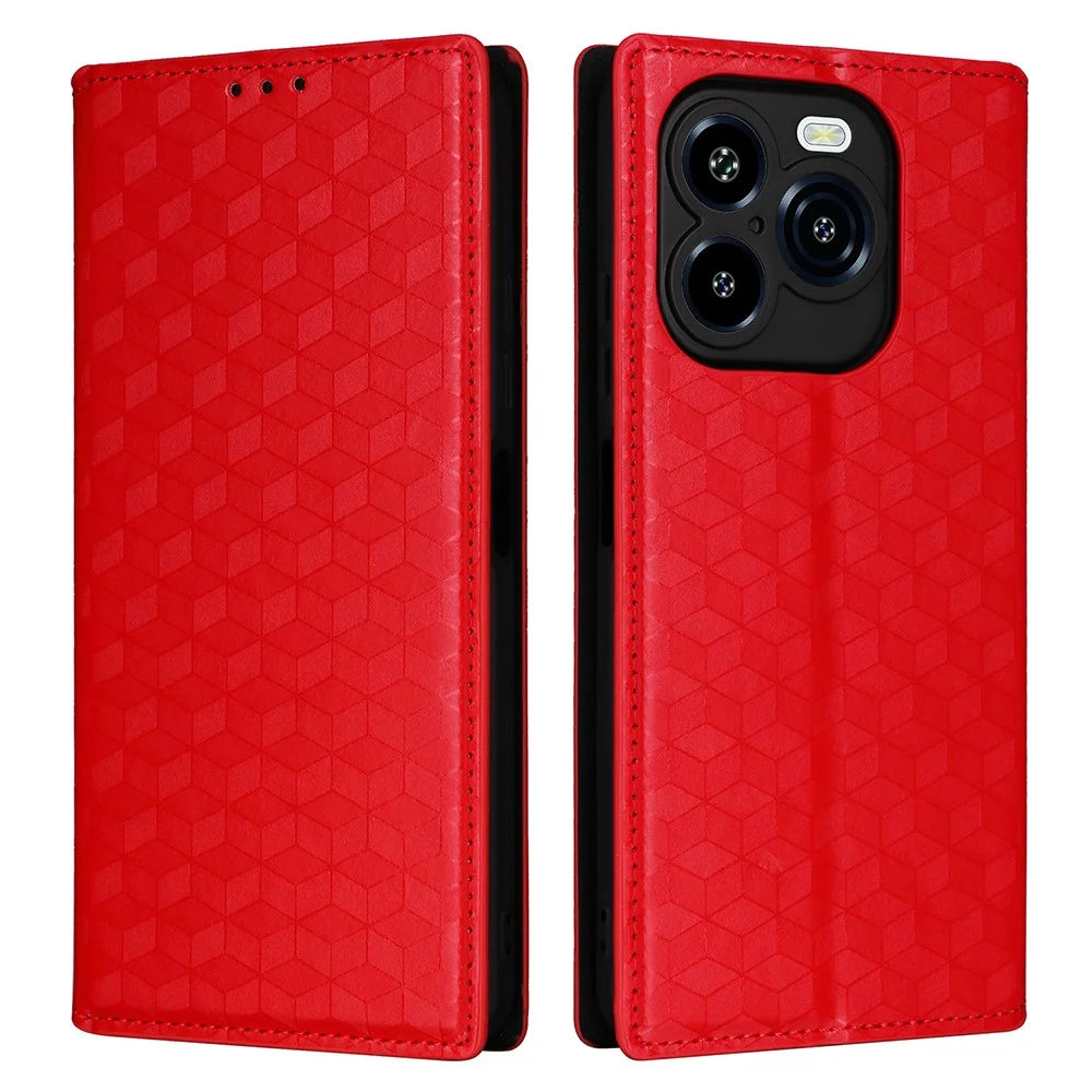 For Oukitel C65 / C65 Pro Case Wallet Rhombus Imprinted Leather Phone Cover - Red - 1