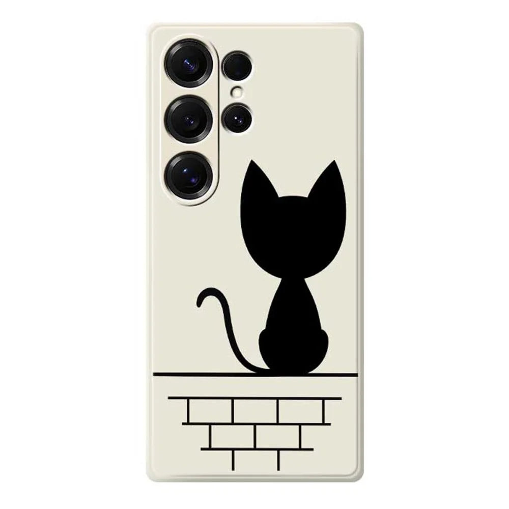 For Samsung Galaxy S25 Ultra Case Black Cat on the Wall Pattern Printing Straight Edge TPU Phone Back Cover - Beige - 1