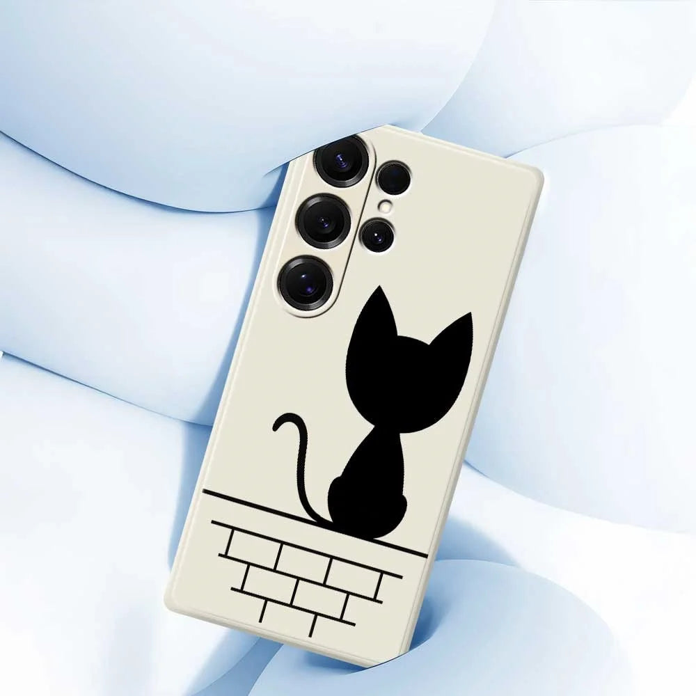 For Samsung Galaxy S25 Ultra Case Black Cat on the Wall Pattern Printing Straight Edge TPU Phone Back Cover - Beige - 5