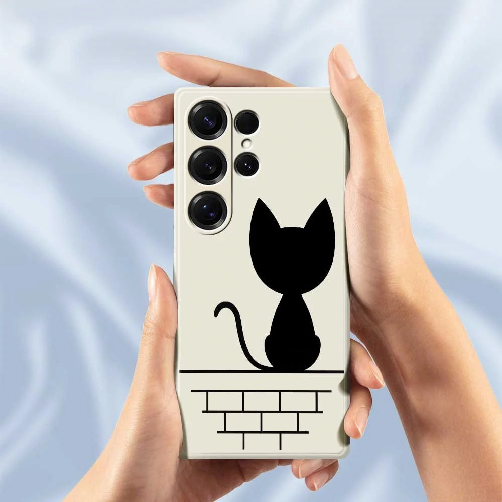 For Samsung Galaxy S25 Ultra Case Black Cat on the Wall Pattern Printing Straight Edge TPU Phone Back Cover - Beige - 6