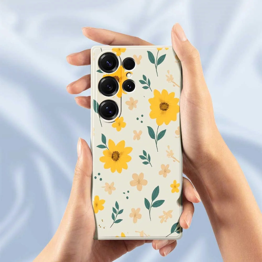 For Samsung Galaxy S25 Ultra Case Yellow Floral and Leaves Pattern Printing Straight Edge TPU Phone Back Cover - Beige - 5