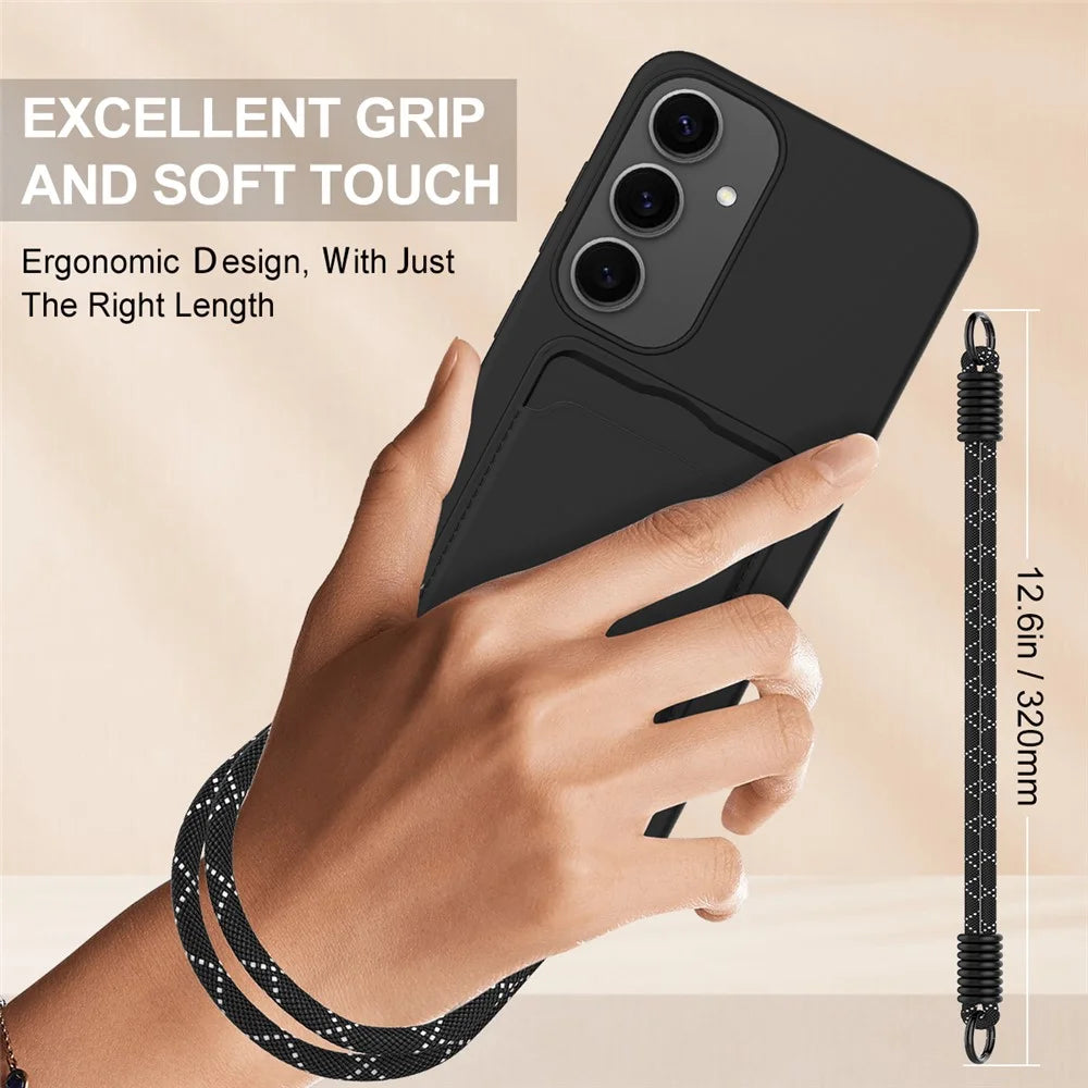 For Samsung Galaxy S24 Case Liquid Silicone Card Holder Phone Back Cover with Short Strap - Black - 3