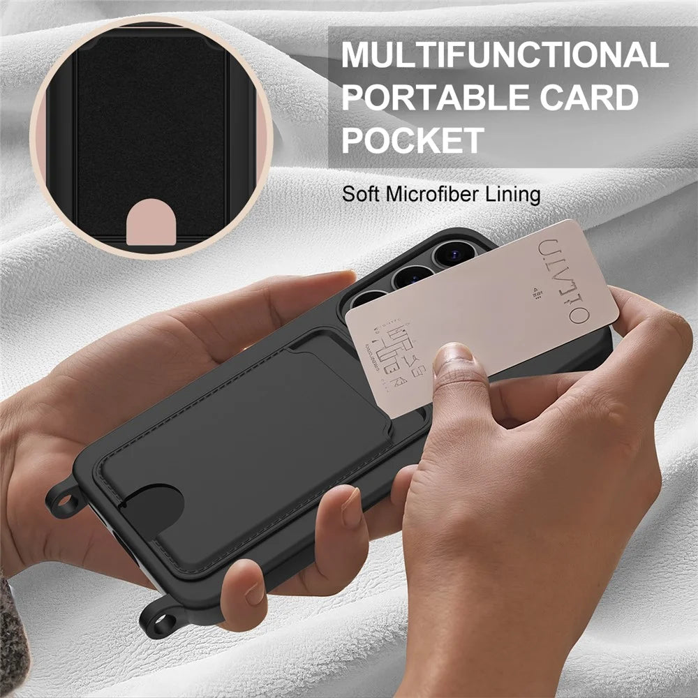 For Samsung Galaxy S24 Case Liquid Silicone Card Holder Phone Back Cover with Short Strap - Black - 6