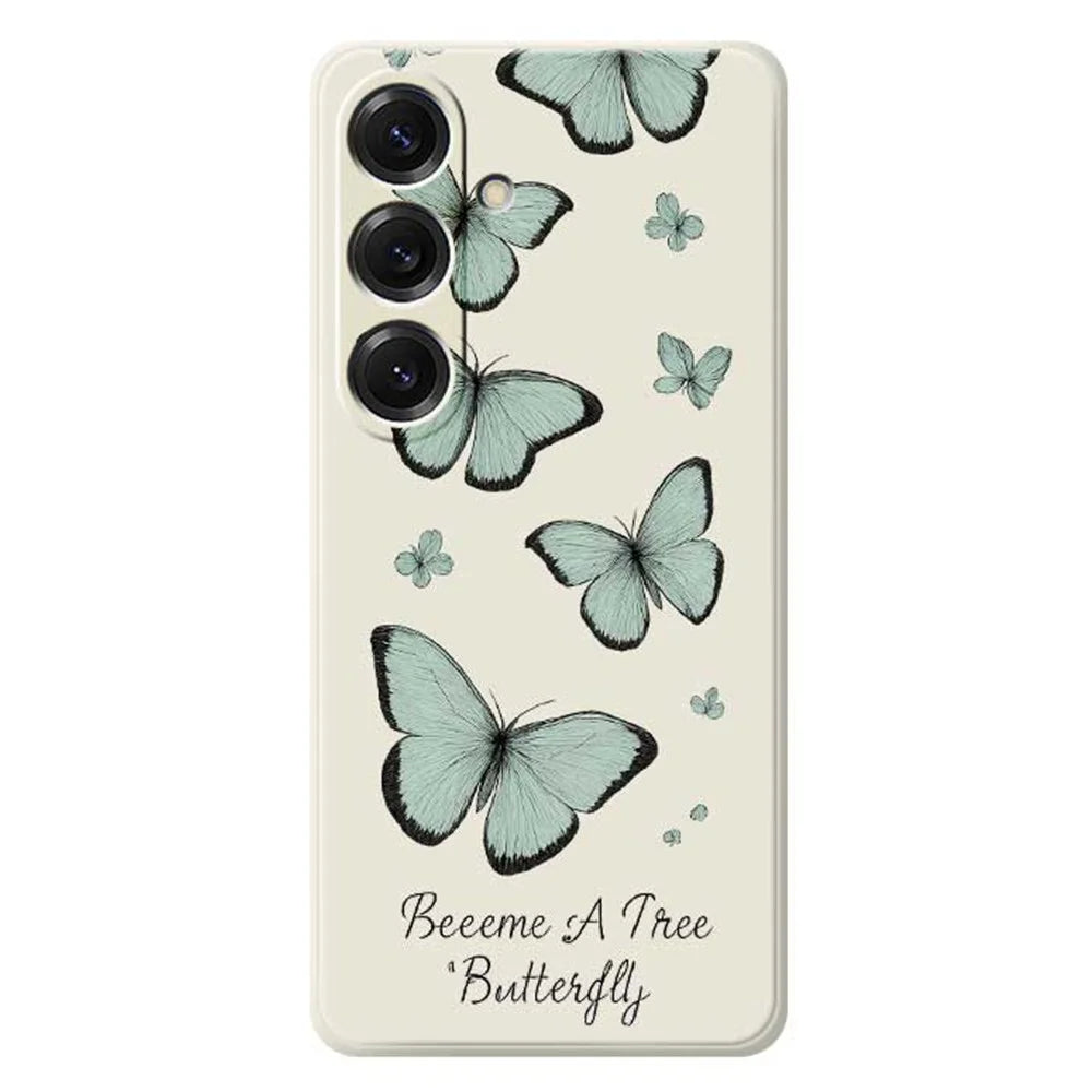 For Samsung Galaxy S25 Case Green Butterfly Pattern Printing Straight Edge TPU Phone Back Cover - Beige - 1