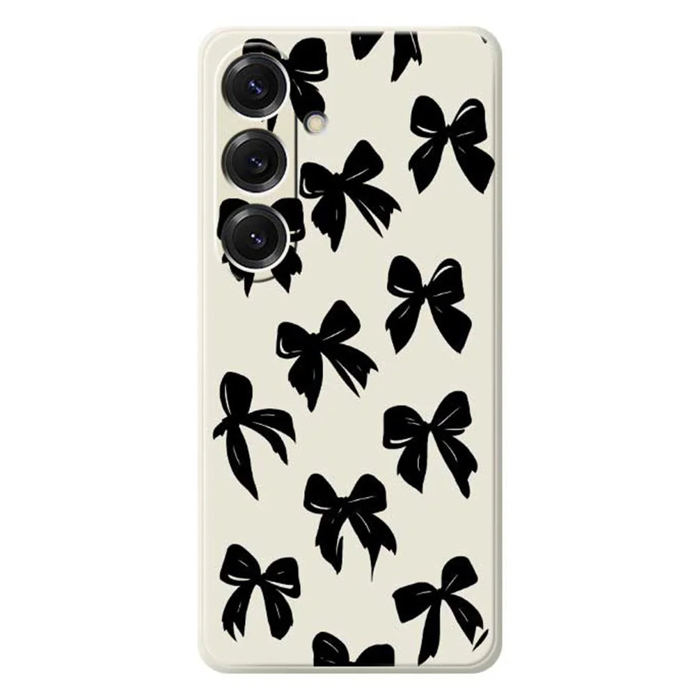For Samsung Galaxy S25 Case Black Bow Pattern Printing Straight Edge TPU Phone Back Cover - Beige - 1