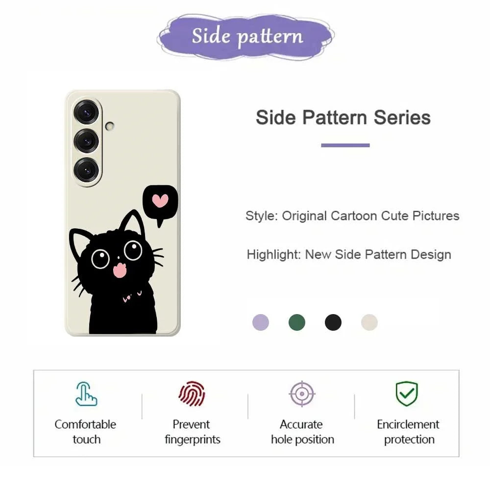 For Samsung Galaxy S25 Case Love Black Cat Pattern Printing Straight Edge TPU Phone Back Cover - Beige - 2