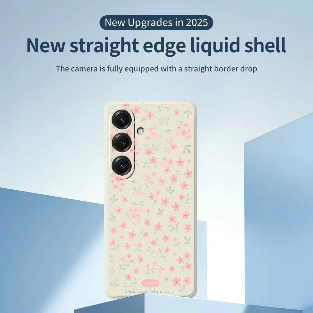 For Samsung Galaxy S25 Case Pink Small Flowers Pattern Printing Straight Edge TPU Phone Back Cover - Beige - 3