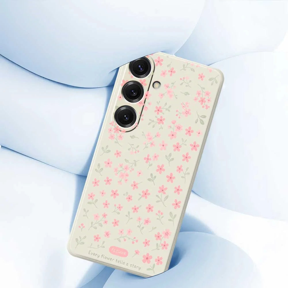 For Samsung Galaxy S25 Case Pink Small Flowers Pattern Printing Straight Edge TPU Phone Back Cover - Beige - 5