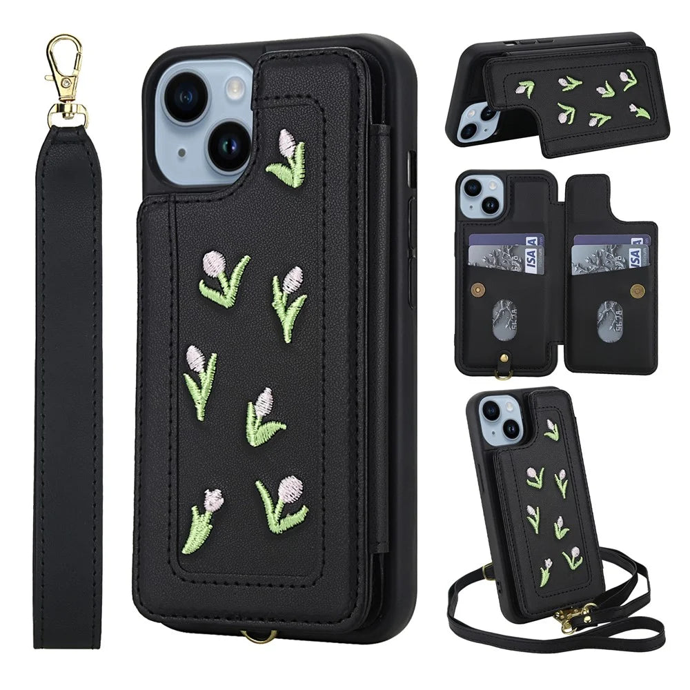 For iPhone 14 / 13 Case Embroidered Tulips PU Leather Card Holder Back Cover with Shoulder Strap / Wrist Strap - Black - 1