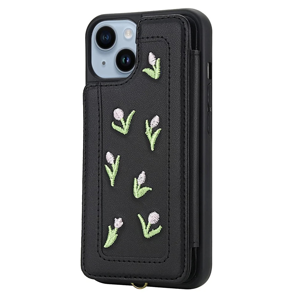 For iPhone 14 / 13 Case Embroidered Tulips PU Leather Card Holder Back Cover with Shoulder Strap / Wrist Strap - Black - 2