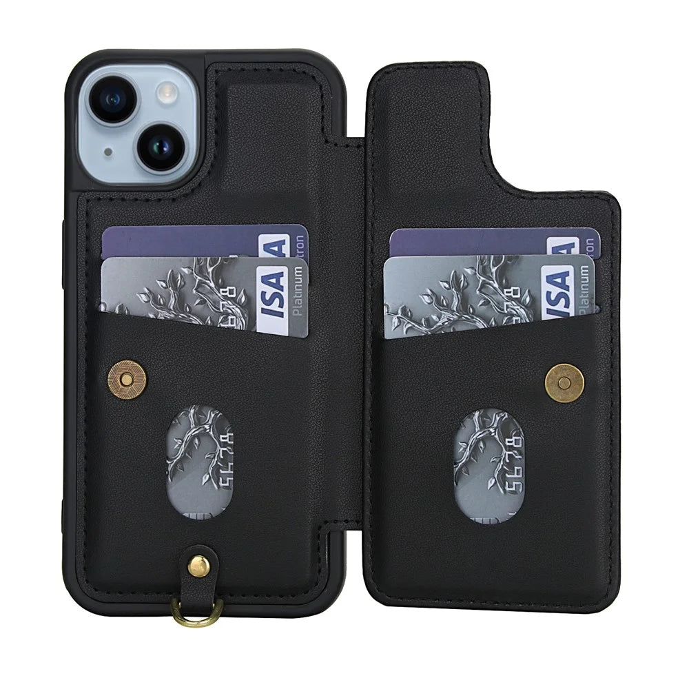 For iPhone 15 Case Embroidered Tulips PU Leather Card Holder Back Cover with Shoulder Strap / Wrist Strap - Black - 3