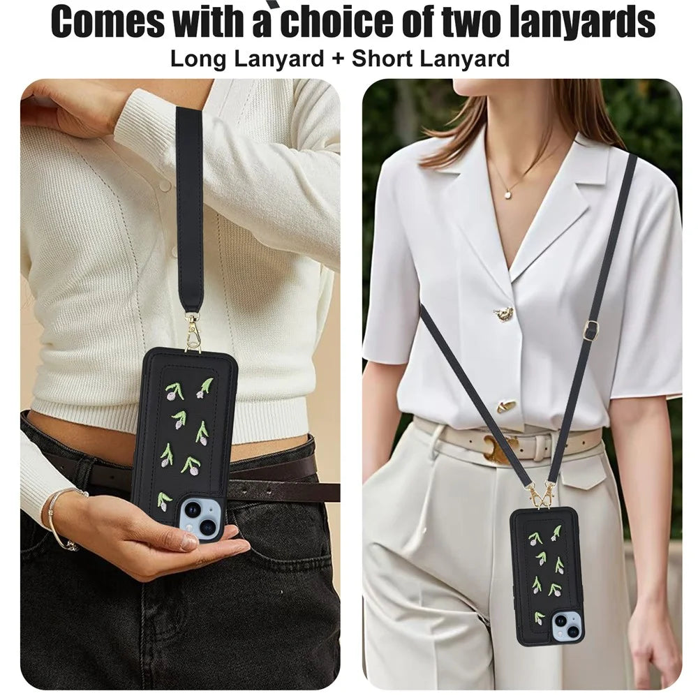 For iPhone 15 Case Embroidered Tulips PU Leather Card Holder Back Cover with Shoulder Strap / Wrist Strap - Black - 7