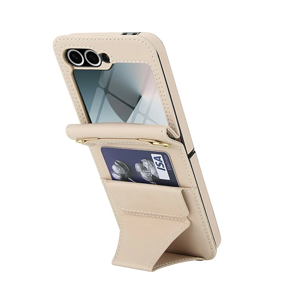 For Samsung Galaxy Z Flip6 5G Case Kickstand Leather + PC Folding Phone Cover with HD Screen Protector / Straps - Apricot - 2