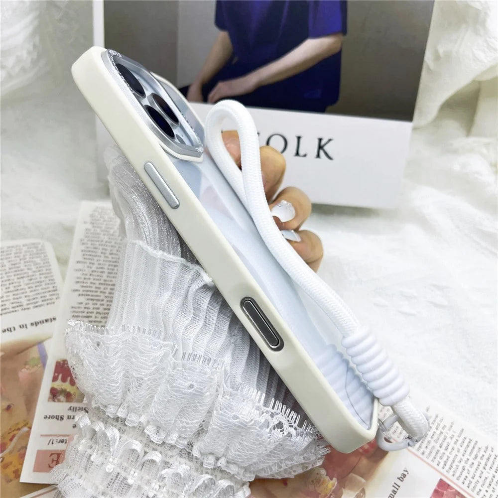 For iPhone 16 Pro Case Skin-Touch TPU + PC Clear Phone Back Cover with Wrist Strap - Antique White - 4