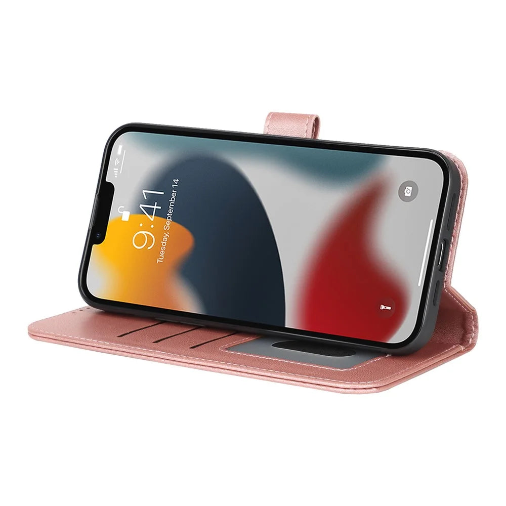 For iPhone 13 Pro Stand Case Shockproof Leather Wallet Phone Cover - Rose Gold - 4