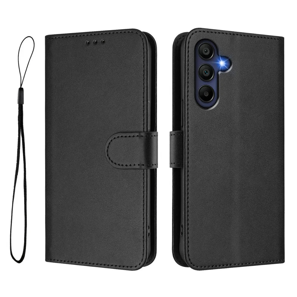 For Samsung Galaxy A16 4G / Galaxy A16 5G Wallet Case RFID Blocking Calf Texture Leather Stand Phone Cover with Strap - Black - 1