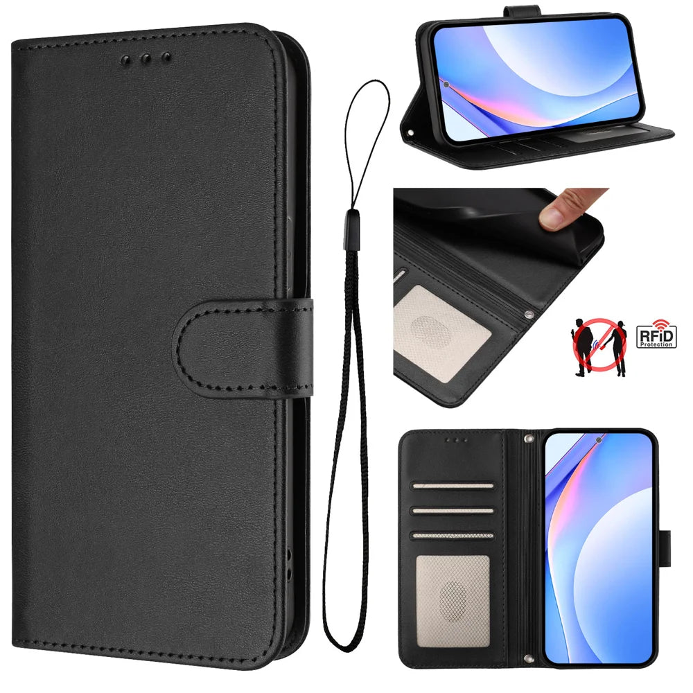 For Samsung Galaxy A16 4G / Galaxy A16 5G Wallet Case RFID Blocking Calf Texture Leather Stand Phone Cover with Strap - Black - 3