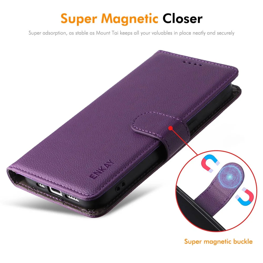 ENKAY HAT PRINCE For iPhone 17e / 16e Wallet Case with Strap RFID Blocking Leather Stand Phone Cover - Purple - 4
