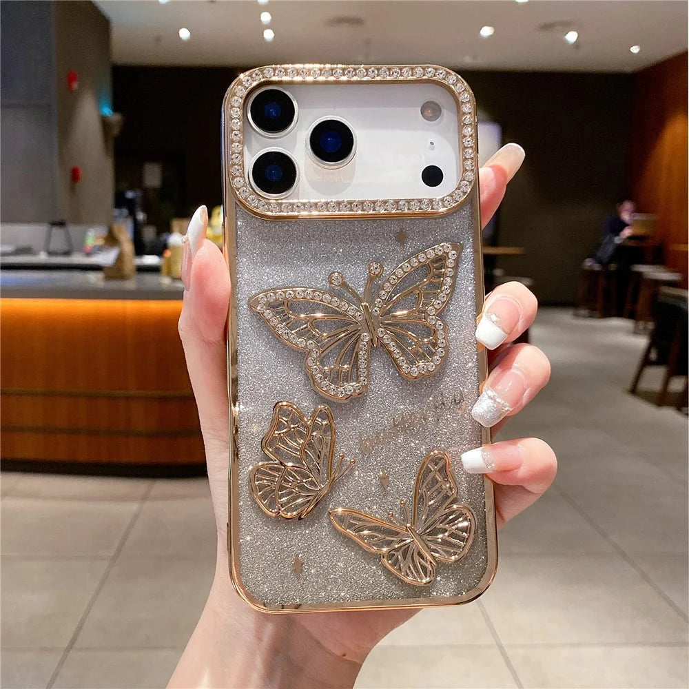 For iPhone 18 Pro Max / 17 Pro Max Case Rhinestone Butterfly Decor TPU Phone Back Cover - Gold - 1