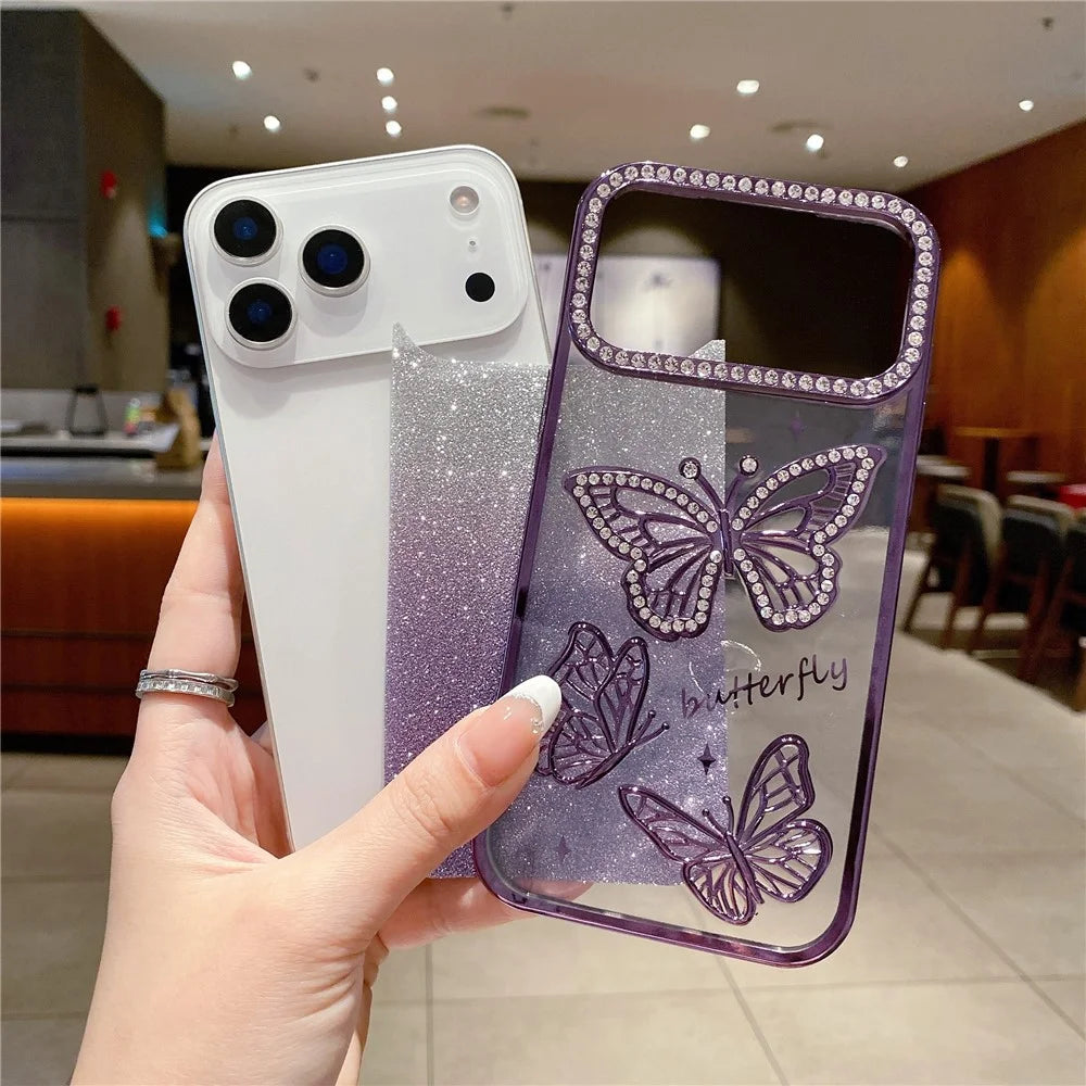 For iPhone 18 Pro Max / 17 Pro Max Case Rhinestone Butterfly Decor TPU Phone Back Cover - Gold - 2