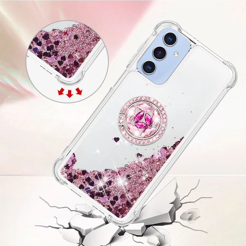 For Samsung Galaxy A18 5G / A18 4G / A17 5G / A17 4G / A26 5G TPU Case with Kickstand Quicksand Shockproof Cover - Rose Gold / Hearts - 4