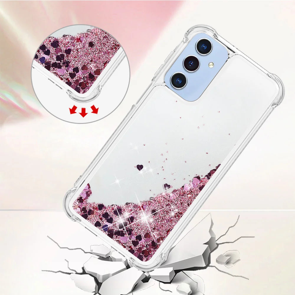 For Samsung Galaxy A18 5G / A18 4G / A17 5G / A17 4G / A26 5G TPU Case Glitter Quicksand Shockproof Phone Back Cover - Rose Gold / Hearts - 4