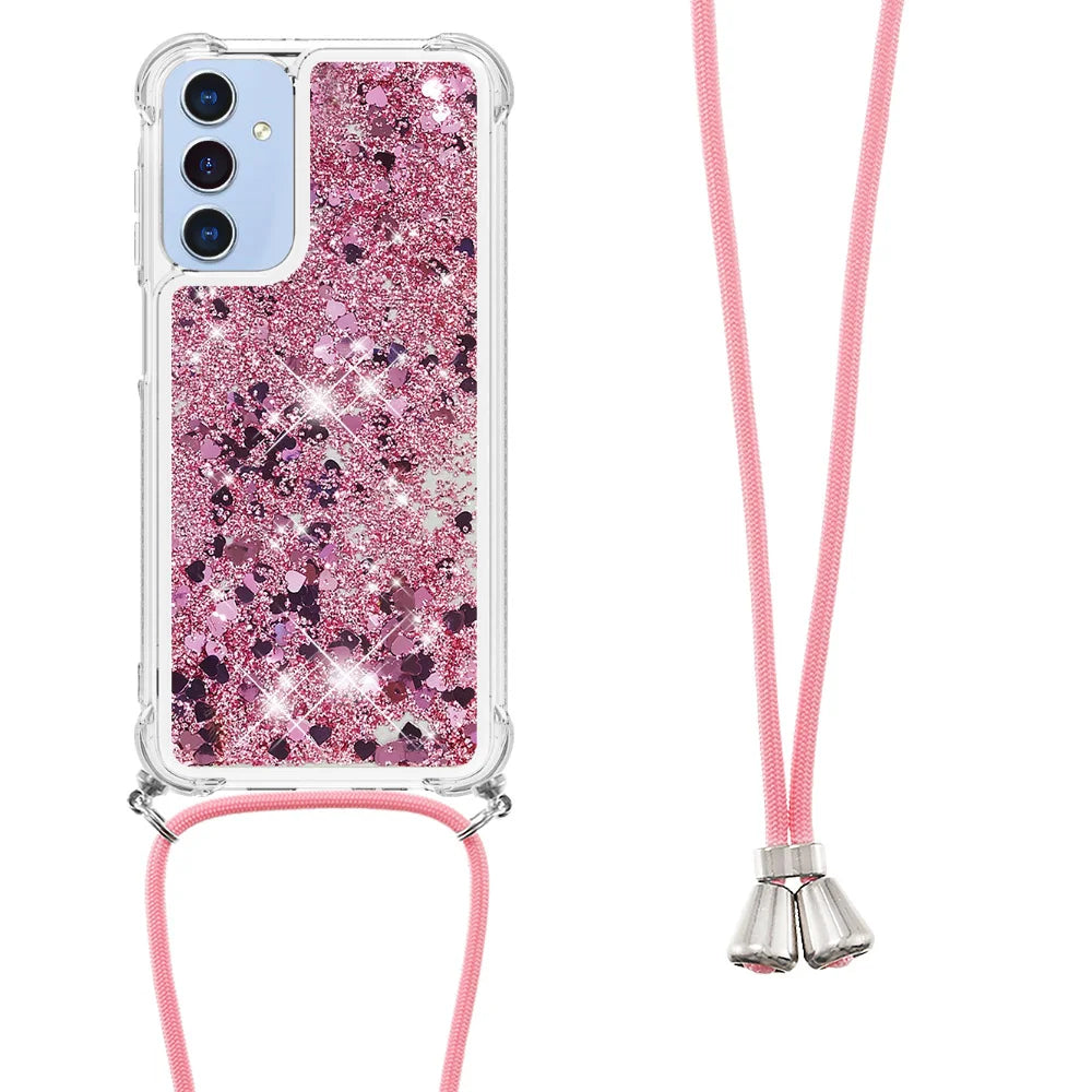 For Samsung Galaxy A18 5G / A18 4G / A17 5G / A17 4G / A26 5G TPU Case Quicksand Phone Cover with Lanyard - Rose Gold / Hearts - 3