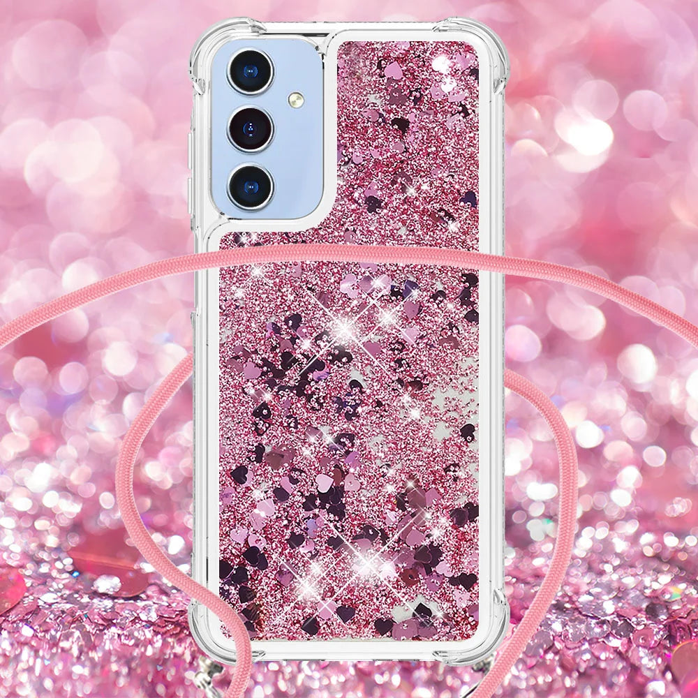 For Samsung Galaxy A18 5G / A18 4G / A17 5G / A17 4G / A26 5G TPU Case Quicksand Phone Cover with Lanyard - Rose Gold / Hearts - 4
