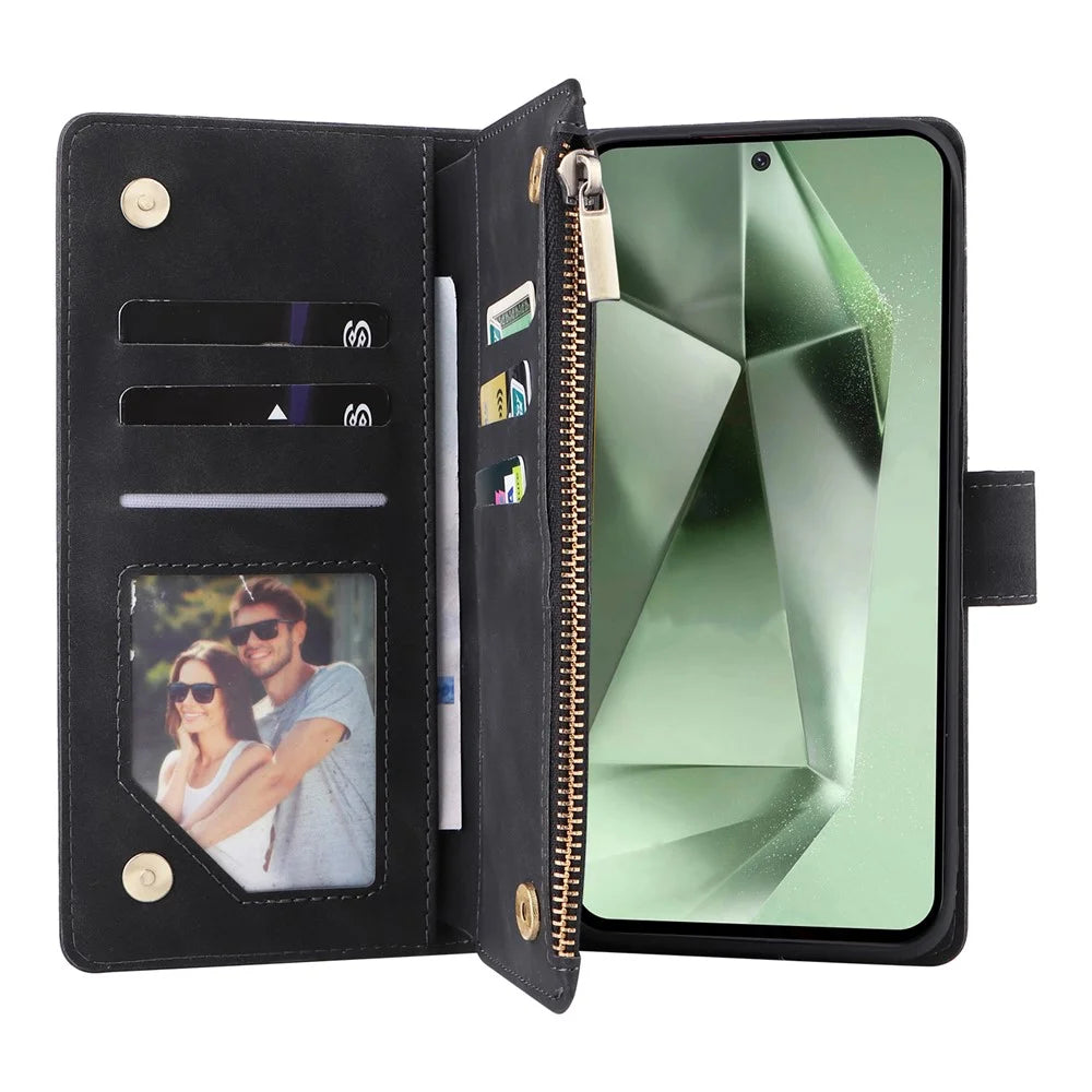 For Samsung Galaxy S25 FE Case Zipper Wallet Multiple Card Slots Leather Phone Cover with Wrist Strap - 3
