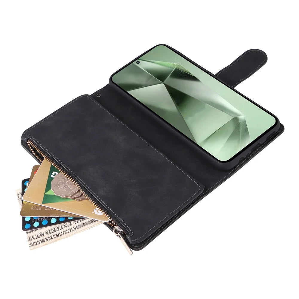 For Samsung Galaxy S25 FE Case Zipper Wallet Multiple Card Slots Leather Phone Cover with Wrist Strap - 6