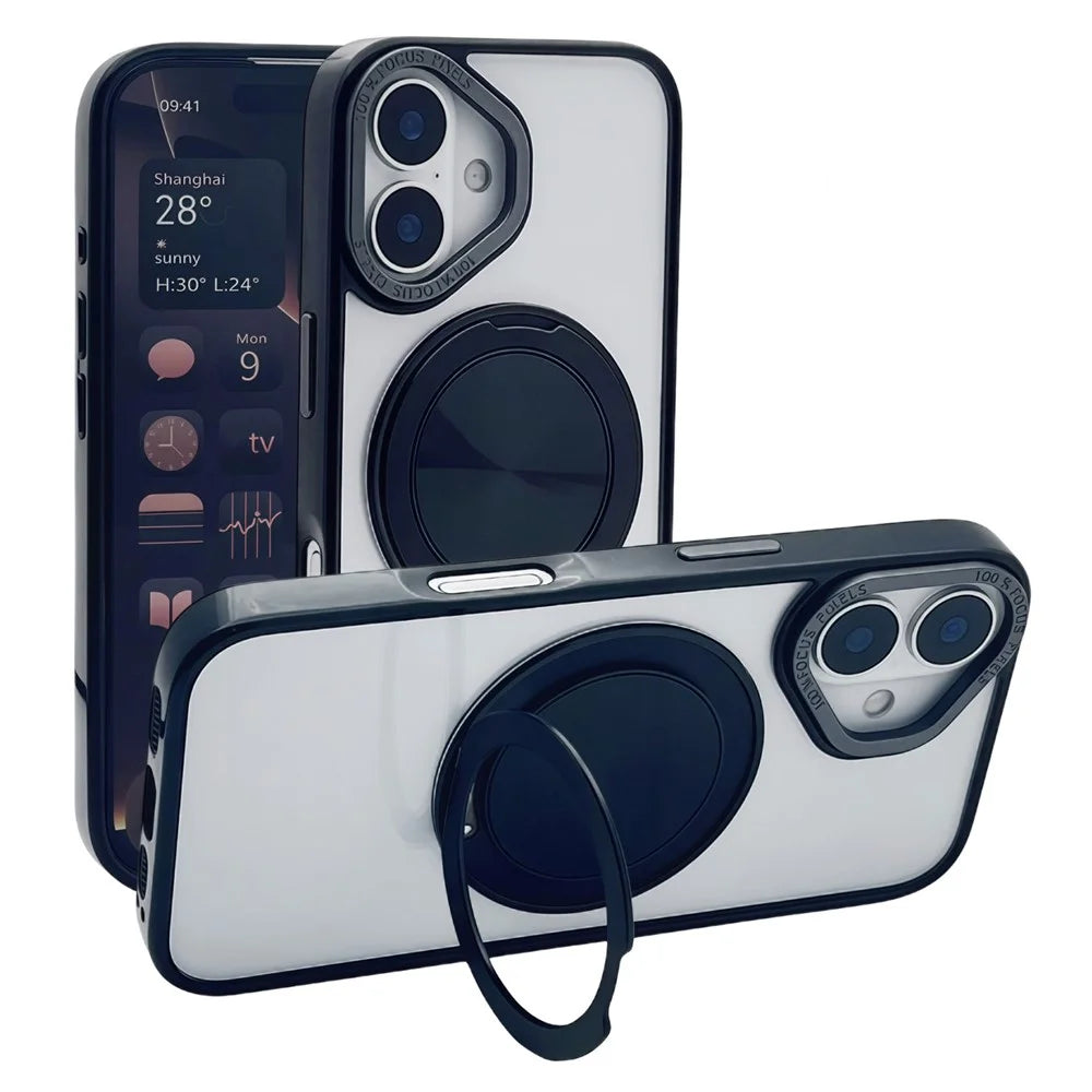 For iPhone 16 Plus Magnetic Case Acrylic TPU Phone Back Cover with Kickstand - Black - 1