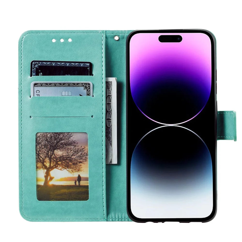 For iPhone 18 Pro / 17 Pro Stand Case Imprinted Totem PU Leather Wallet Phone Cover with Wrist Strap - Mint Green - 2