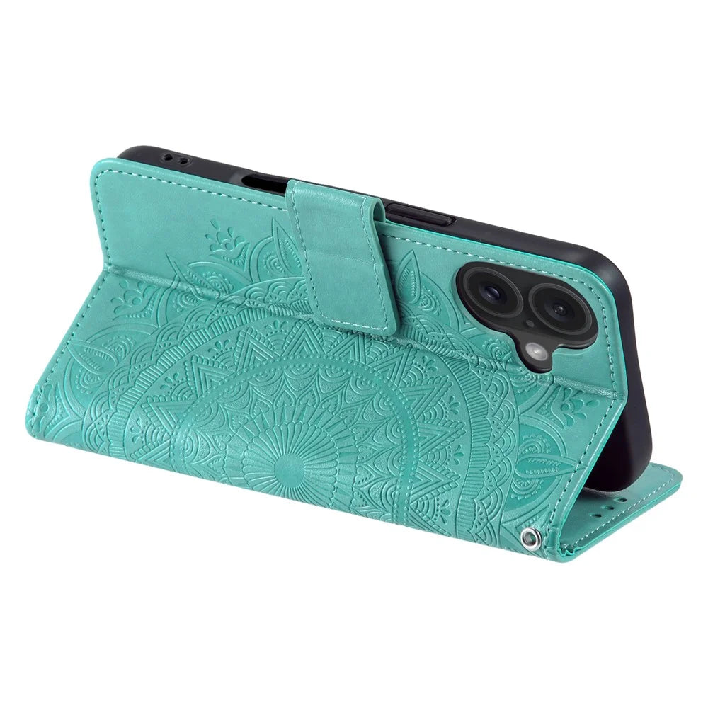 For iPhone 17 Stand Case Imprinted Totem PU Leather Wallet Phone Cover with Wrist Strap - Mint Green - 4