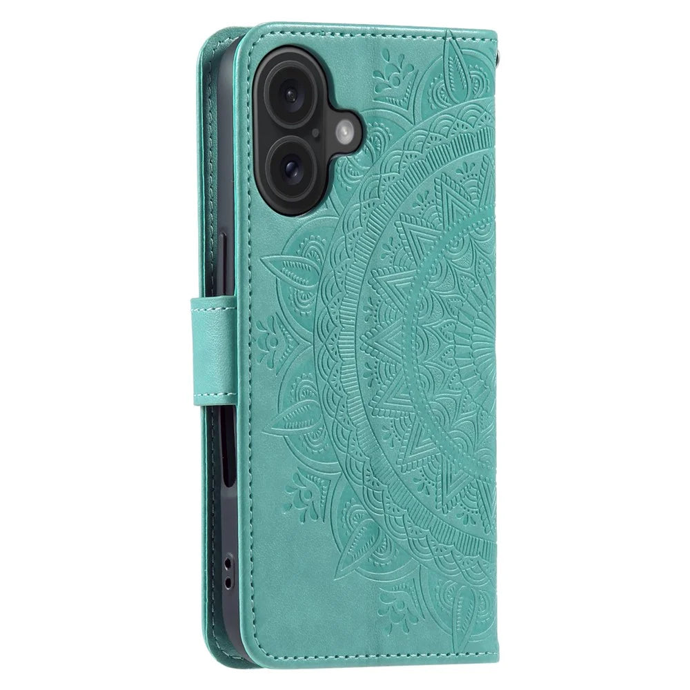 For iPhone 17 Stand Case Imprinted Totem PU Leather Wallet Phone Cover with Wrist Strap - Mint Green - 6