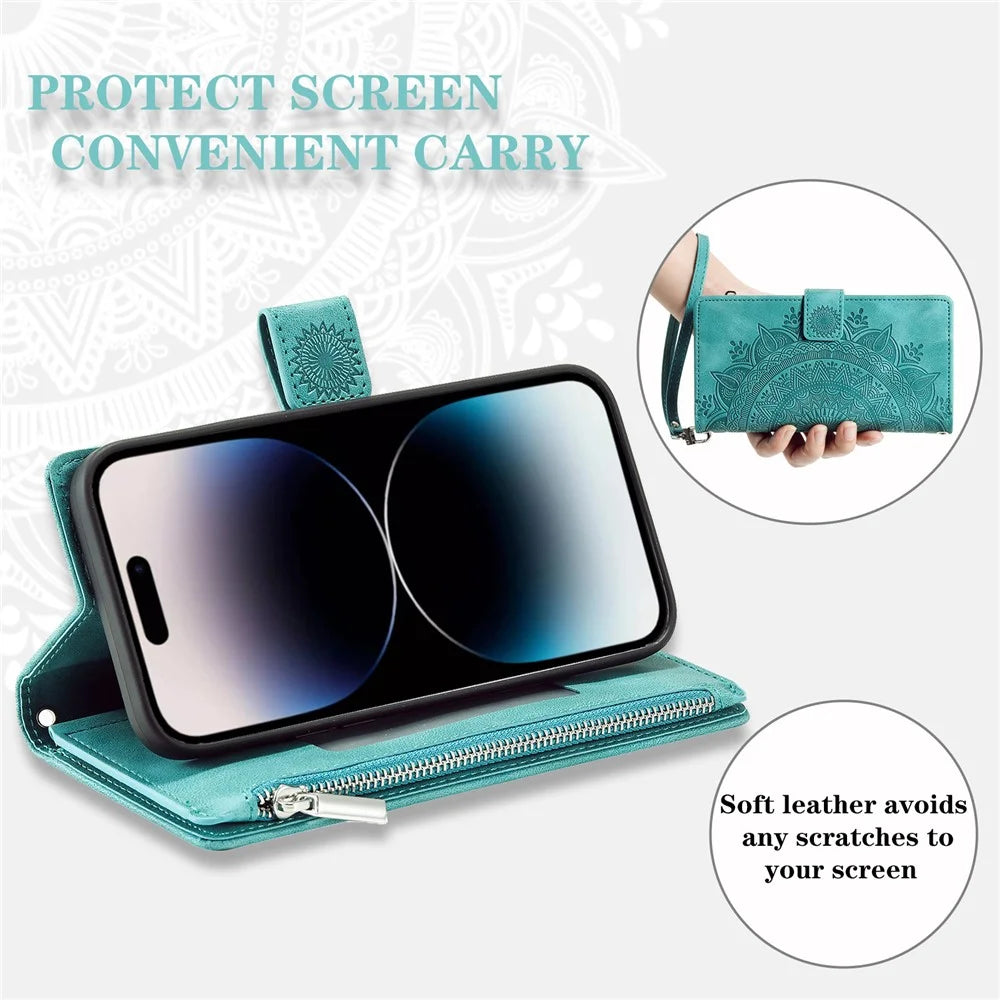 For iPhone Air Wallet Case Mandala Flower Pattern PU Leather Phone Cover with Wrist Strap - Mint Green - 6