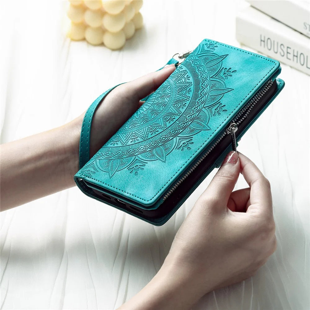 For iPhone Air Wallet Case Mandala Flower Pattern PU Leather Phone Cover with Wrist Strap - Mint Green - 7