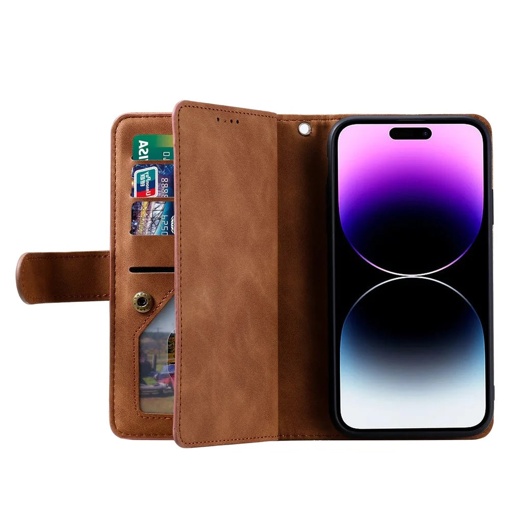 For iPhone 18 Pro Max / 17 Pro Max Case 9 Card Slots Zipper Wallet PU Leather Phone Cover with Wrist Strap - Brown - 2
