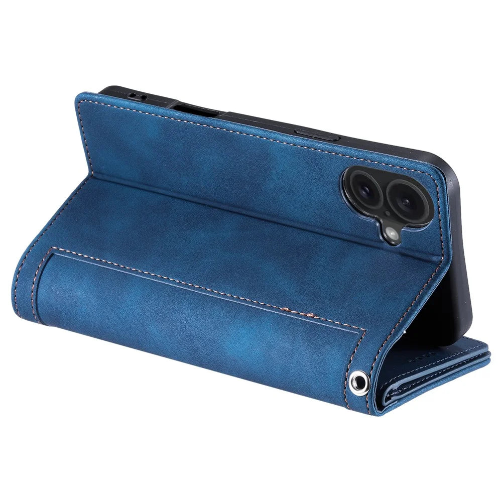 For iPhone 17 Case 9 Card Slots Zipper Wallet PU Leather Phone Cover with Wrist Strap - Blue - 5