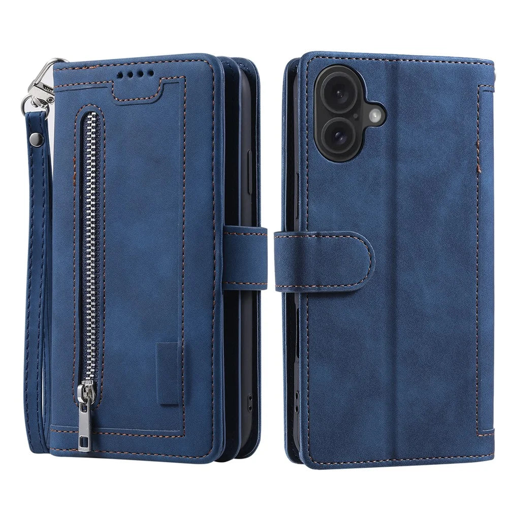 For iPhone 17 Case 9 Card Slots Zipper Wallet PU Leather Phone Cover with Wrist Strap - Blue - 7