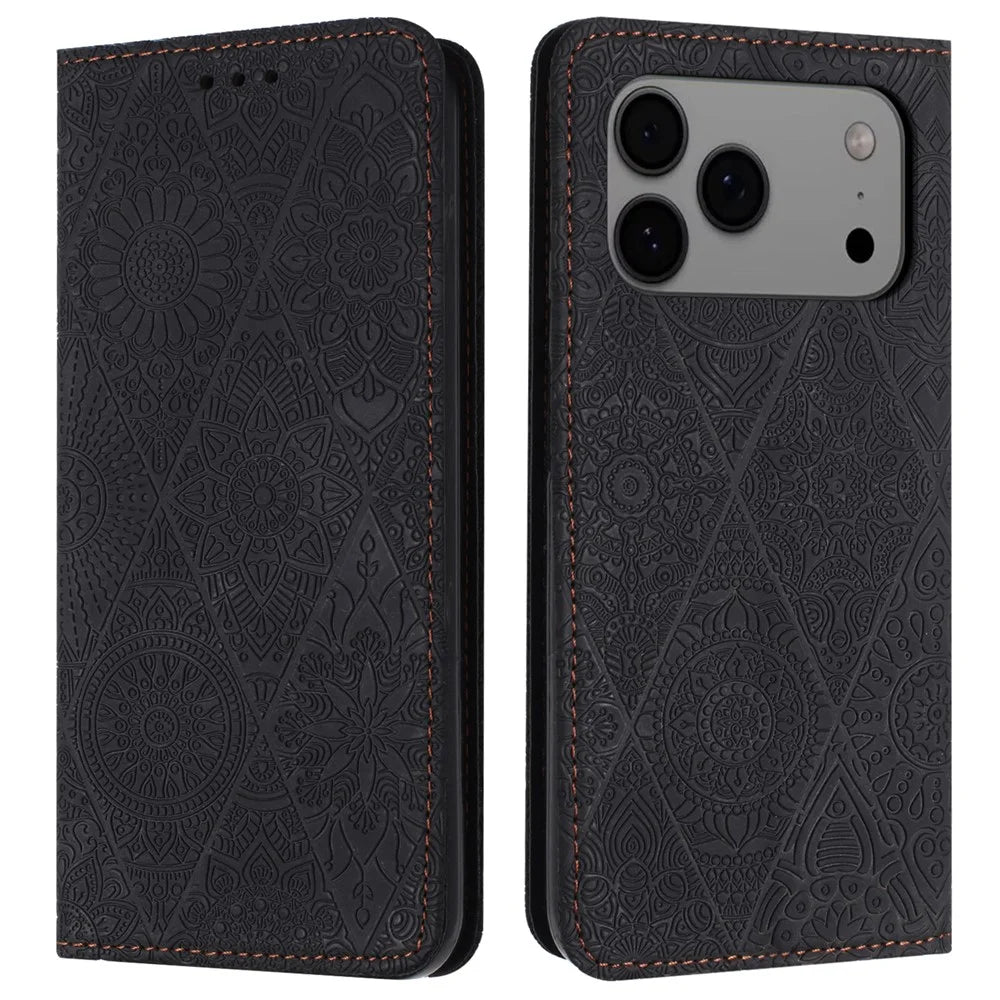 For iPhone 18 Pro / 17 Pro Case Imprinted Flower Wallet Stand Leather Phone Cover - Black - 1