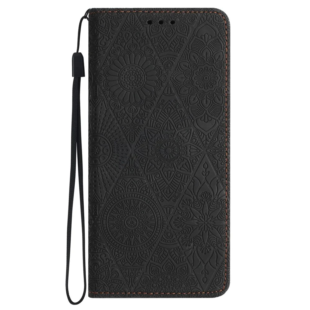 For iPhone 18 Pro / 17 Pro Case Imprinted Flower Wallet Stand Leather Phone Cover - Black - 5