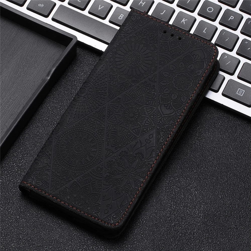 For iPhone 18 Pro / 17 Pro Case Imprinted Flower Wallet Stand Leather Phone Cover - Black - 7