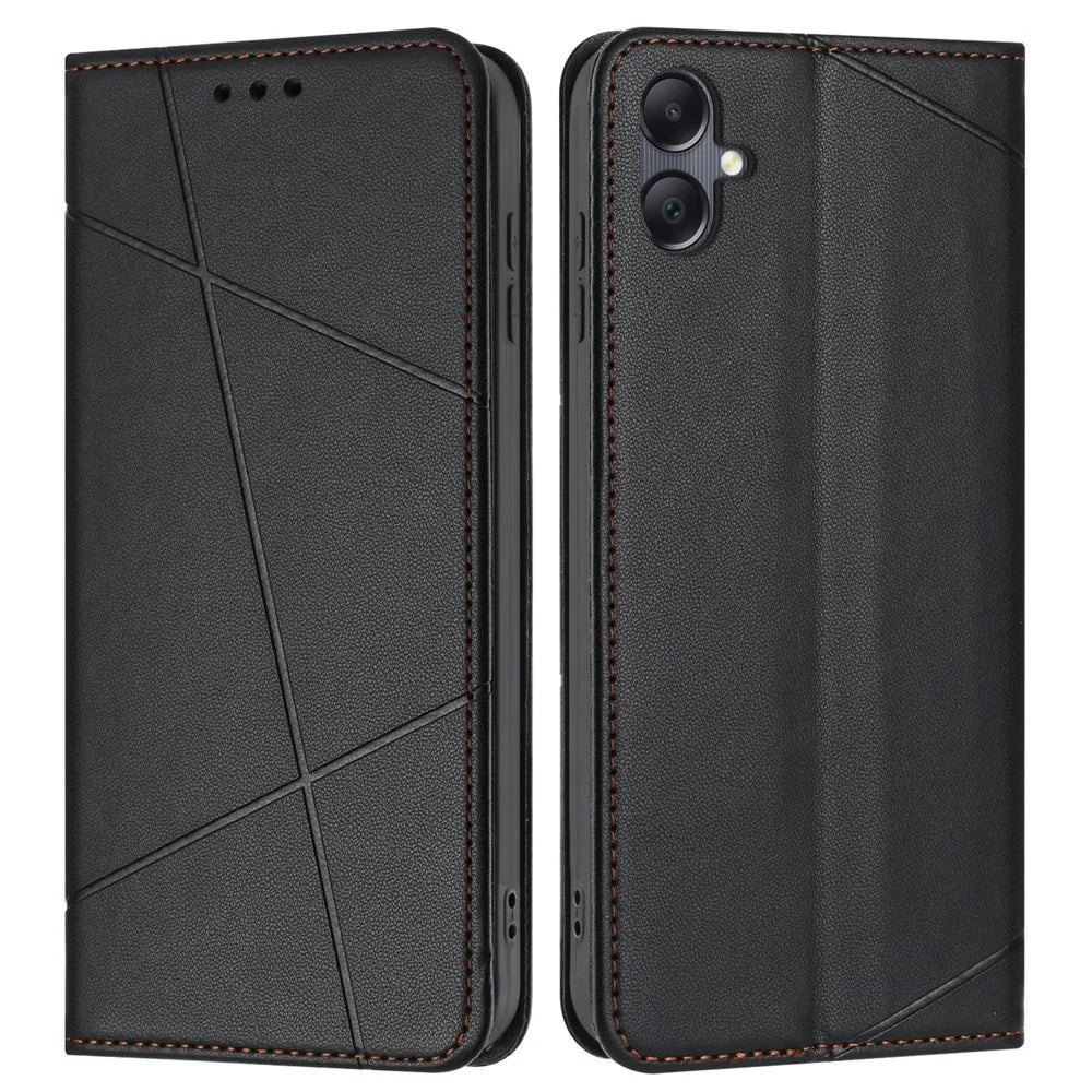 For Samsung Galaxy A08 5G / A07 4G Wallet Case Line Imprinted Leather Stand Phone Cover with Wrist Strap - Black - 1