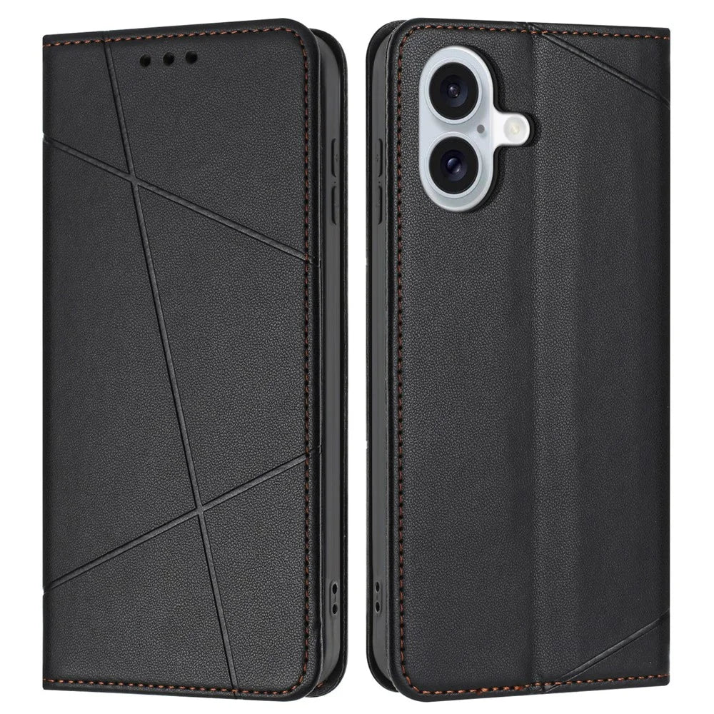For iPhone 17 Wallet Case Line Imprinted Leather Stand Phone Cover with Wrist Strap - Black - 1