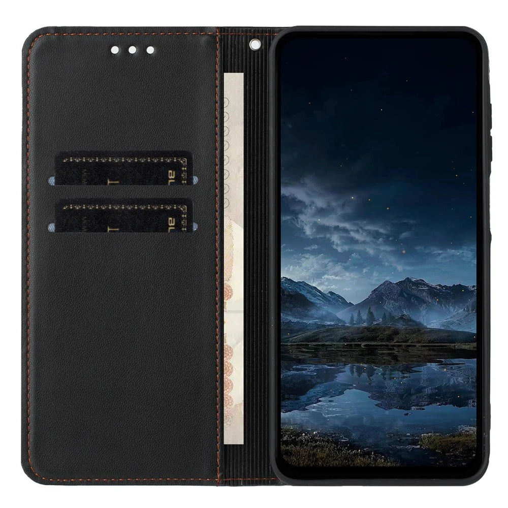 For iPhone 17 Wallet Case Line Imprinted Leather Stand Phone Cover with Wrist Strap - Black - 3