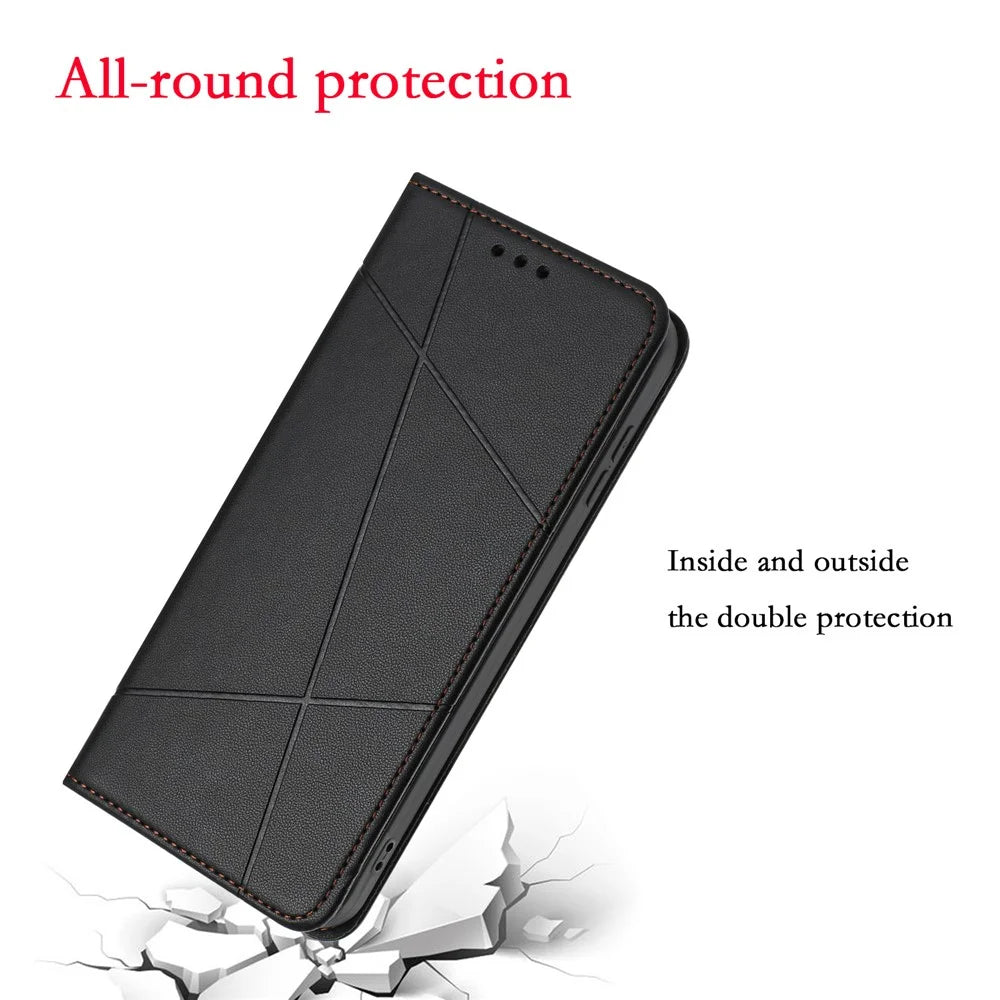 For iPhone 17 Wallet Case Line Imprinted Leather Stand Phone Cover with Wrist Strap - Black - 4