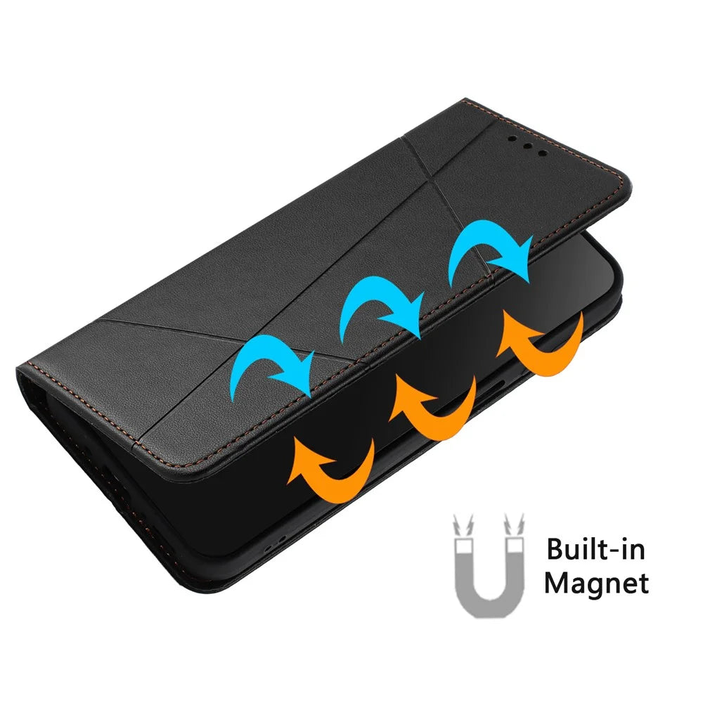 For iPhone 17 Wallet Case Line Imprinted Leather Stand Phone Cover with Wrist Strap - Black - 5